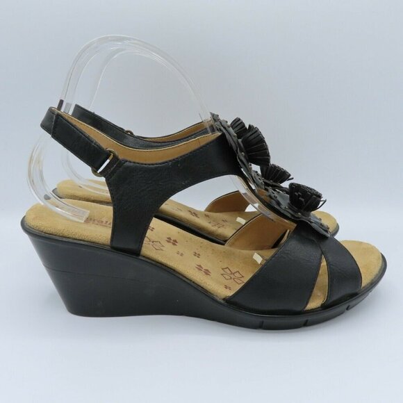 Naturalizer 10 M Comfort Explorer Womens Black Faux Leather Flower Wedge Sandal - Picture 7 of 10